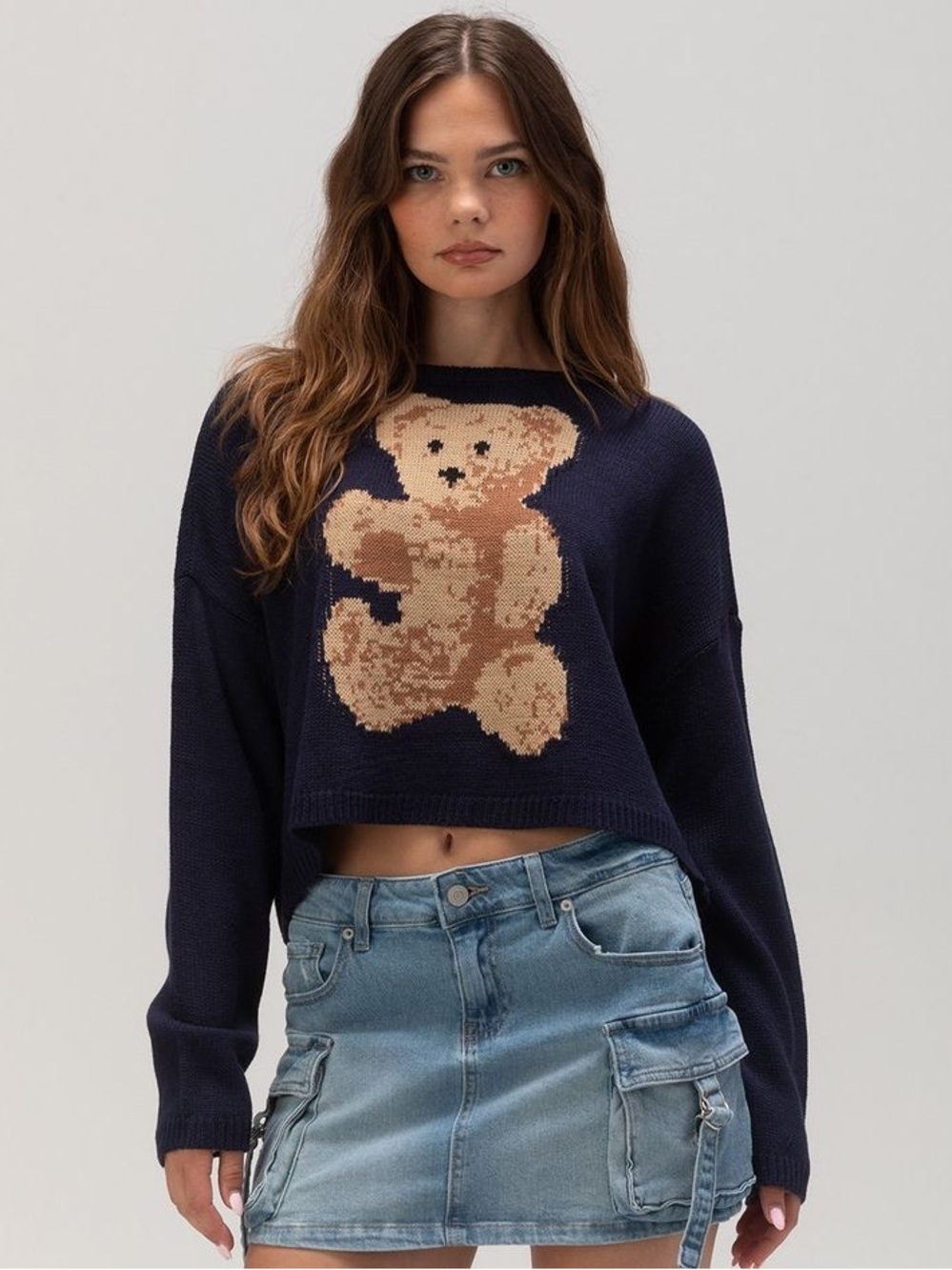 RSQ Teddy Graphic Navy Cropped Sweater Large